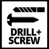 Image symbolique de perçage et de vissage montrant un symbole de perceuse et un symbole de vis superposés, avec le texte 'DRILL+SCREW' en dessous.