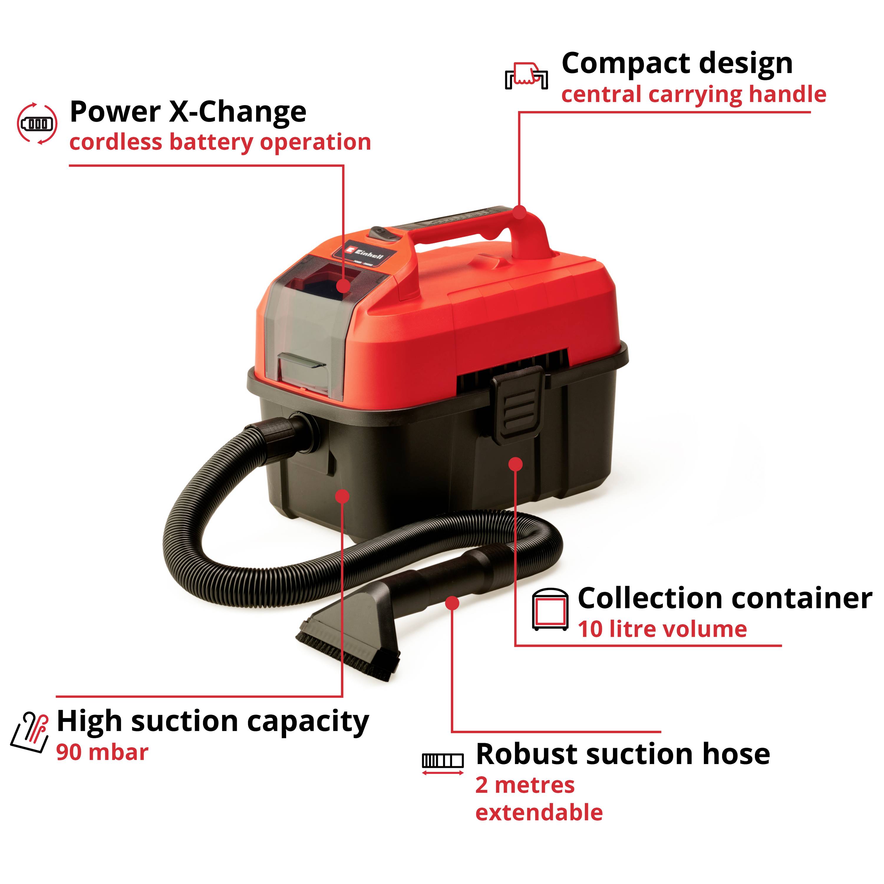 Un aspirateur sans fil rouge et noir au design compact avec une poignée centrale. Caractéristiques : Power X-Change, réservoir de 10 litres, puissance d'aspiration élevée, tuyau de 2 mètres.