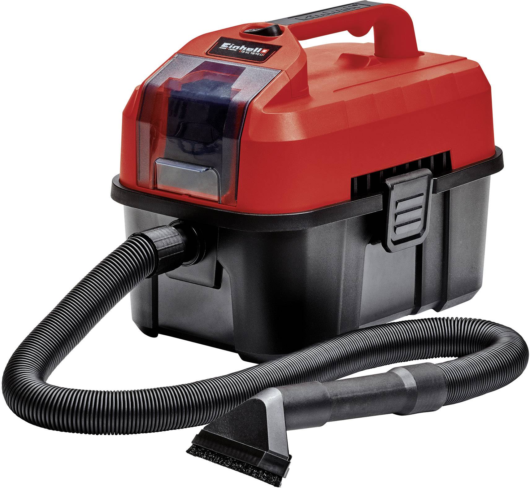 Un aspirateur eau et poussière rouge et noir avec un long tuyau flexible et une poignée, adapté à diverses tâches de nettoyage domestique.