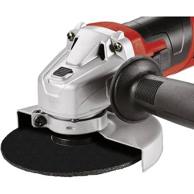 Meuleuse d'angle avec disque abrasif noir et poignée rouge, idéale pour les travaux de coupe et de meulage dans les ateliers ou sur les chantiers.