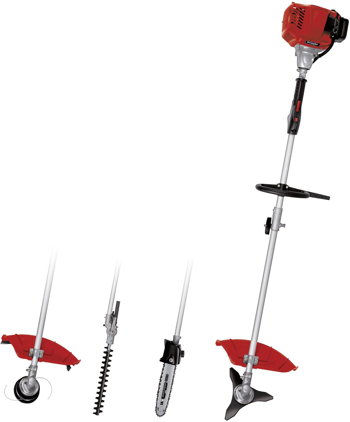 Tondeuse à gazon avec différents accessoires : tête à fil, taille-haie, tronçonneuse et lame de débroussailleuse pour l'entretien du jardin.