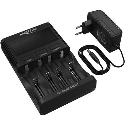 L'image montre un chargeur avec quatre emplacements pour piles AA/AAA et un adaptateur secteur amovible avec une connexion enfichable.