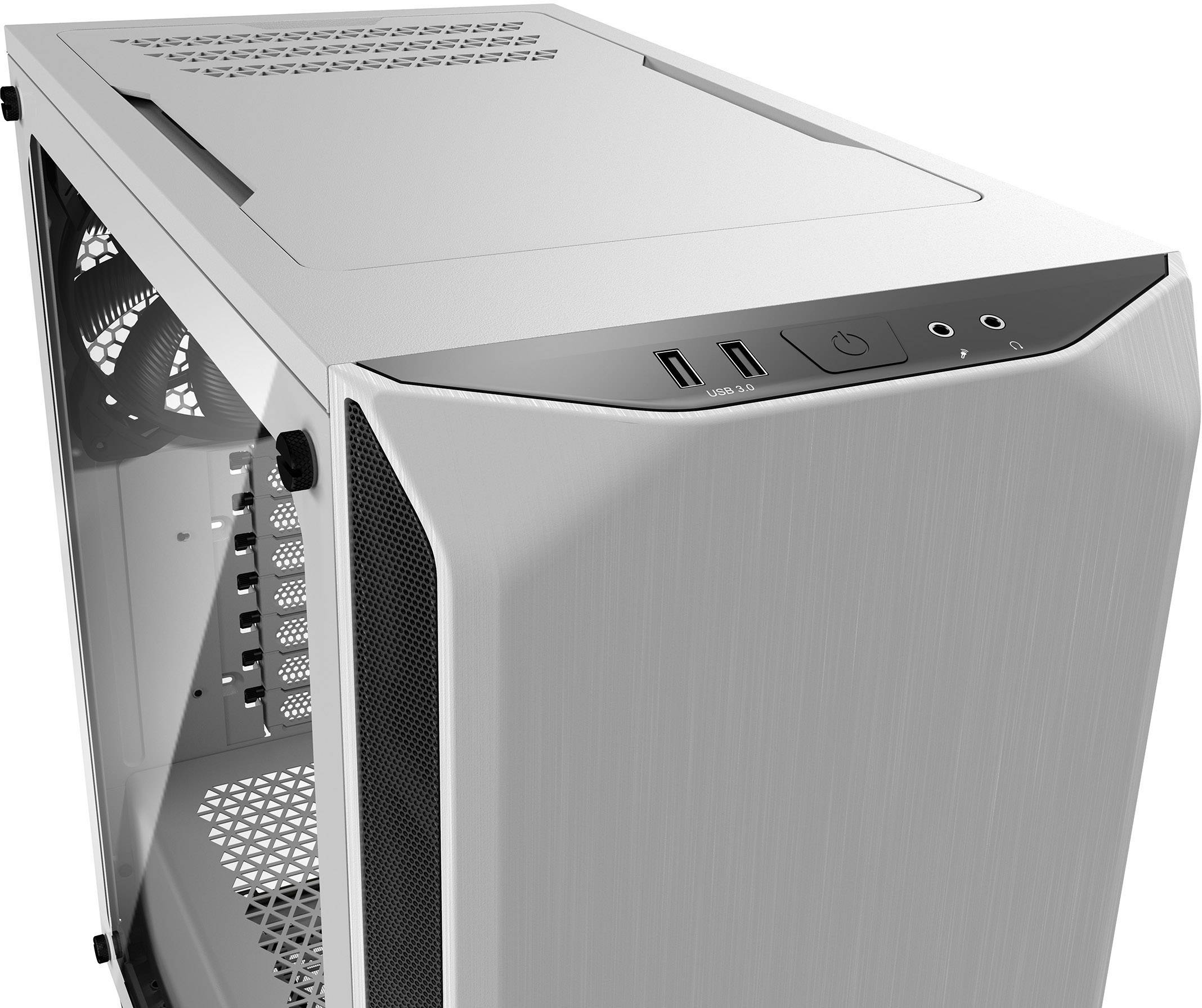 Boîtier d'ordinateur blanc et moderne avec ports USB et fentes de ventilation sur le dessus. Contient des emplacements libres pour les composants.