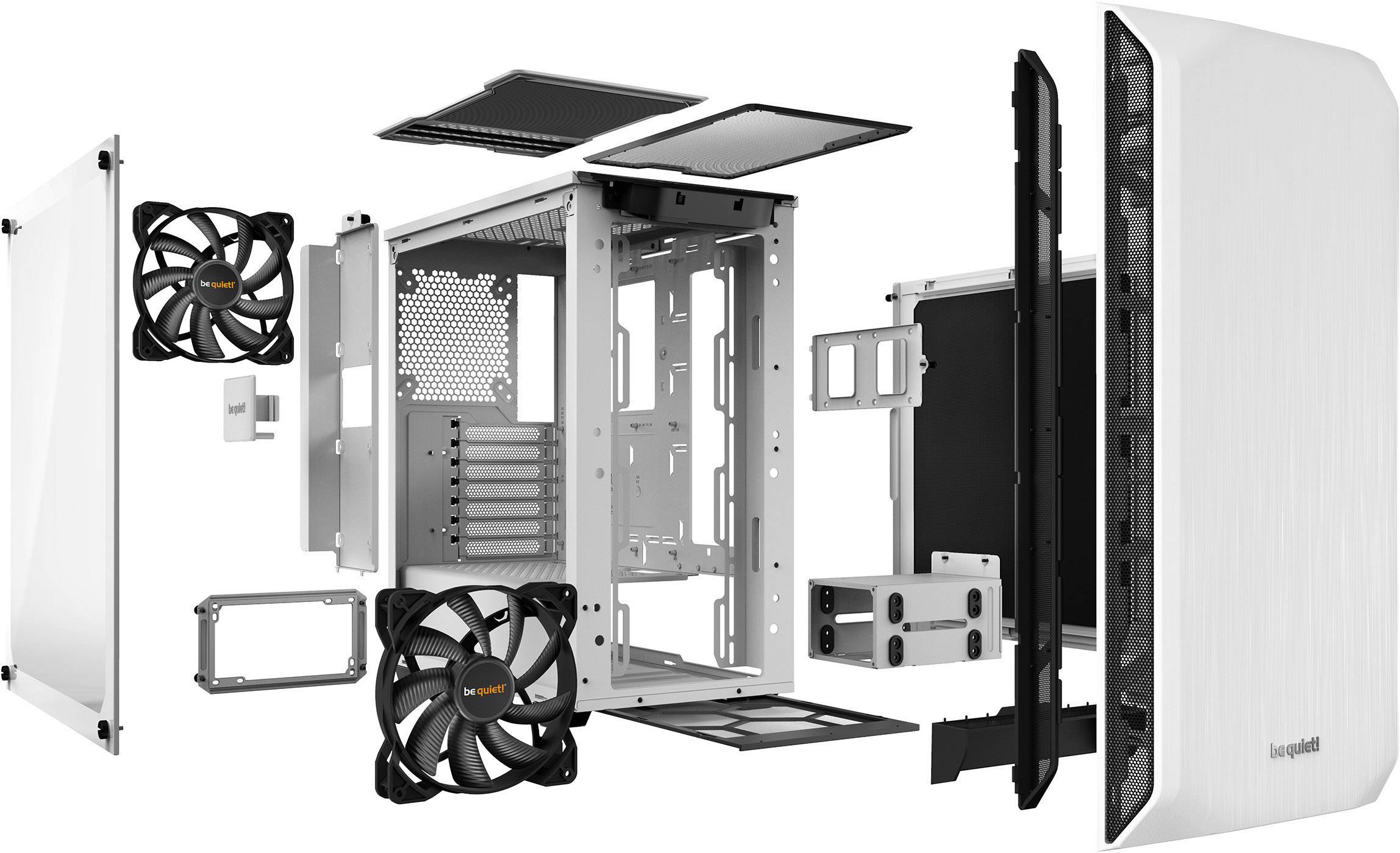 Vue éclatée d'un boîtier d'ordinateur avec des parois latérales amovibles, des ventilateurs et des supports. Composants individuels visibles.