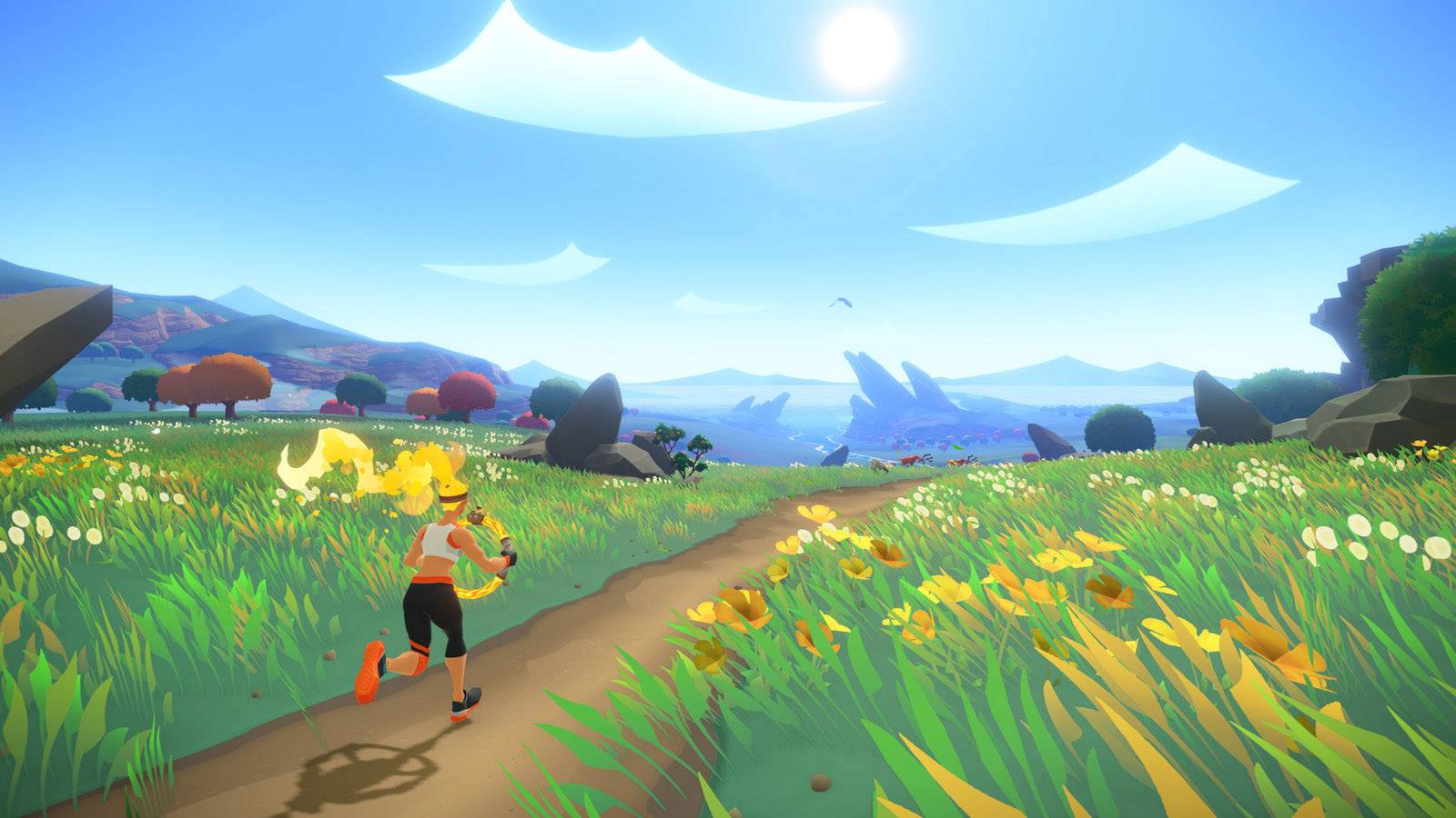 Un personnage animé court sur un sentier à travers un paysage coloré et ensoleillé, avec des montagnes en arrière-plan et des champs en fleurs.