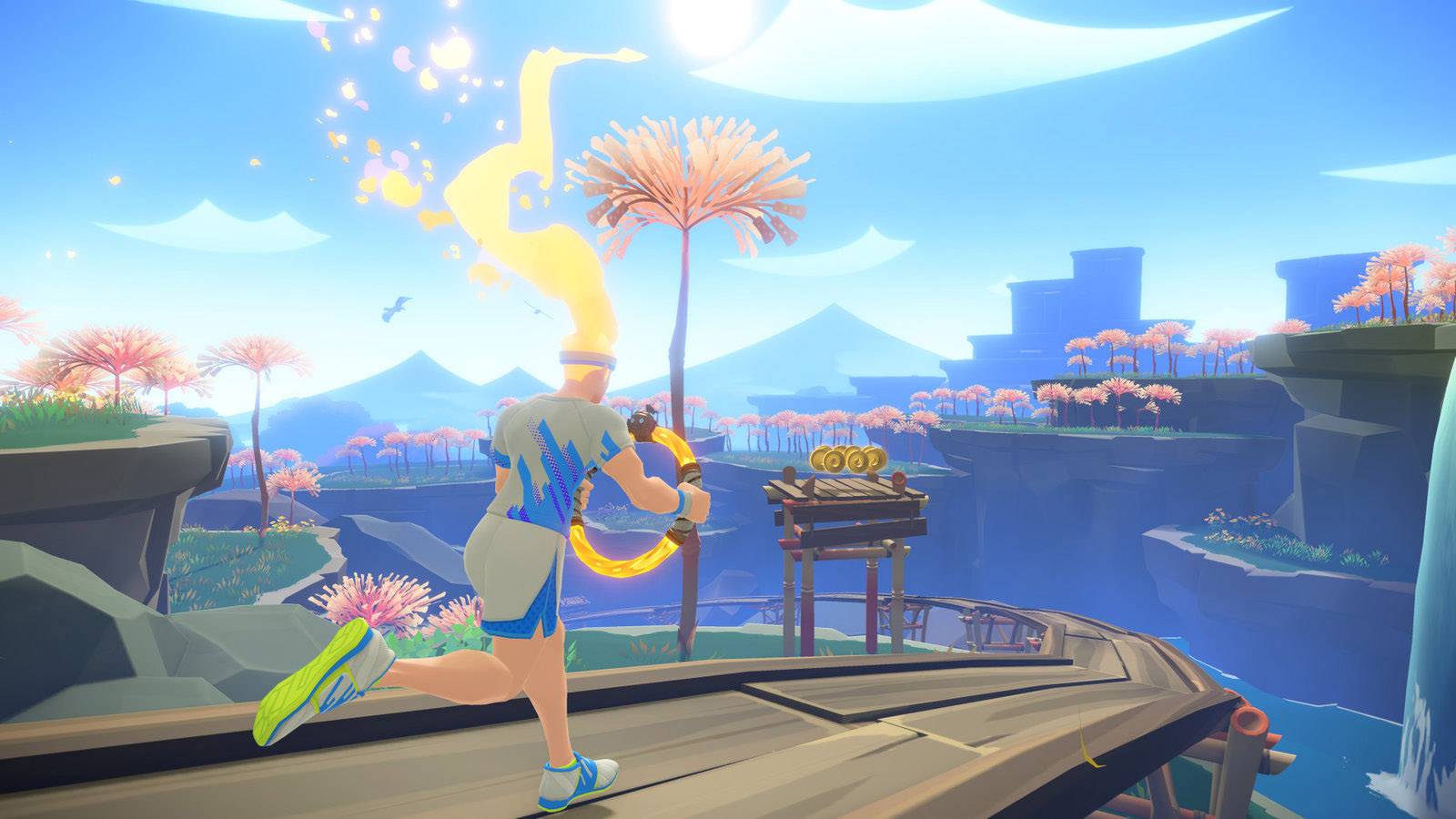Un personnage animé court sur un sentier dans un paysage imaginaire avec des plantes lumineuses et un anneau brillant à la main.