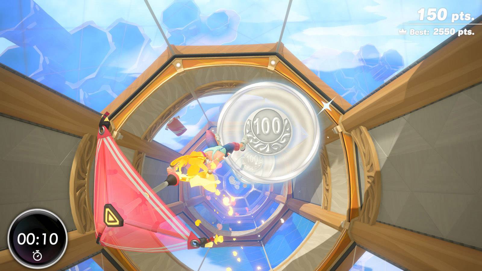 'Un joueur ramasse une pièce de 100 points dans un jeu de tunnel coloré. Score : 150, Meilleur : 2550. Temps : 10 secondes.'