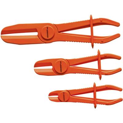 Trois verrous de conduite orange de différentes tailles, disposés en ligne. Ils servent à condamner des conduites de tuyaux.
