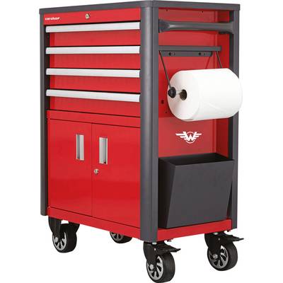 Chariot d'atelier rouge avec quatre tiroirs, deux portes, un support de rouleau de papier et un conteneur à déchets, monté sur quatre roues pour une mobilité facile.