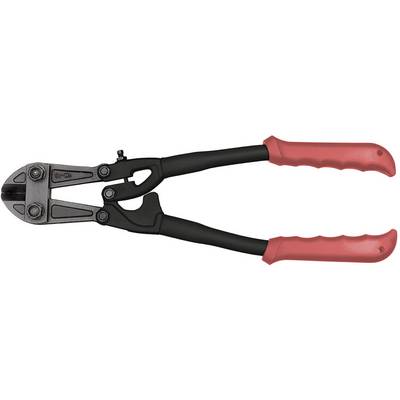 Coupe-boulons à tête métallique noire et poignées rouges ; outil utilisé pour couper des fils ou des boulons résistants.