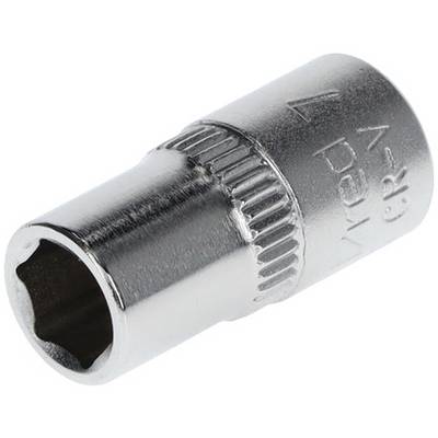 Douille hexagonale en acier chrome-vanadium, brillante, avec bord encastré pour une prise sécurisée sur la tête de vis.
