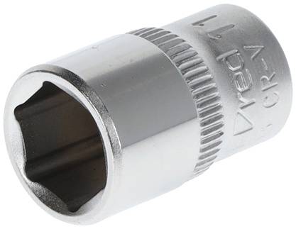 Un embout de clé à douille en argent avec une ouverture hexagonale en métal, adapté pour une utilisation avec des clés à cliquet ou des clés à molette.