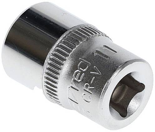Une douille en métal brillante, taille 11 mm, avec marquage latéral 'CR-V'. Principalement utilisée pour des travaux mécaniques.