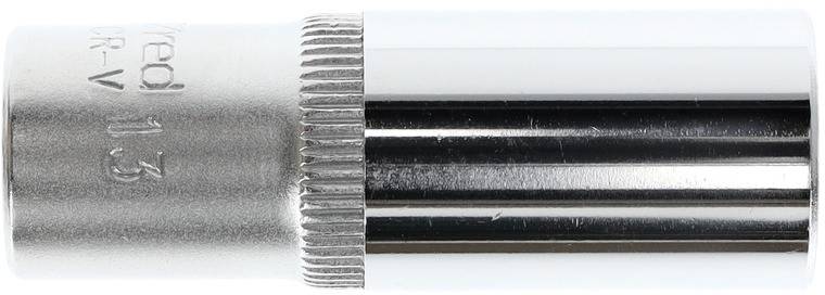 Douille métallique avec bord cannelé et gravure '1/3 DR-V', surface réfléchissante.