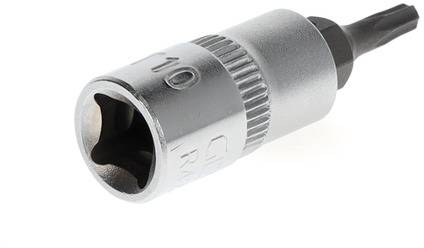 Un adaptateur de clé à cliquet en argent marqué de taille '10'. Adaptateur pour une perceuse, adapté aux travaux mécaniques.