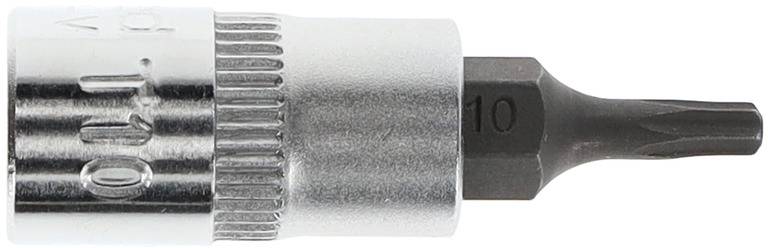 Embout à douille Torx métallique dans un logement hexagonal argenté. Adapté pour les connexions de vis dans les métiers artisanaux ou les travaux de bricolage.