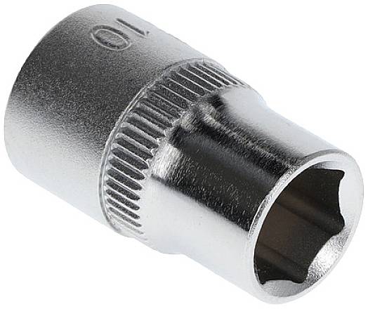 Douille hexagonale métallique de 10 mm, adaptée aux clés à molette. Finition argentée brillante avec poignée cannelée pour une meilleure prise en main.