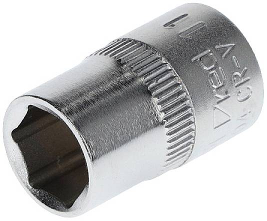 Embout de clé à douille métallique avec ouverture hexagonale destiné à être fixé sur une clé à cliquet ou un outil.