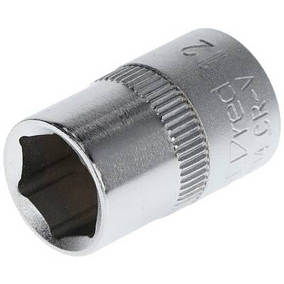 Écrou hexagonal métallique, brillant, avec ouverture hexagonale, strié sur les côtés.