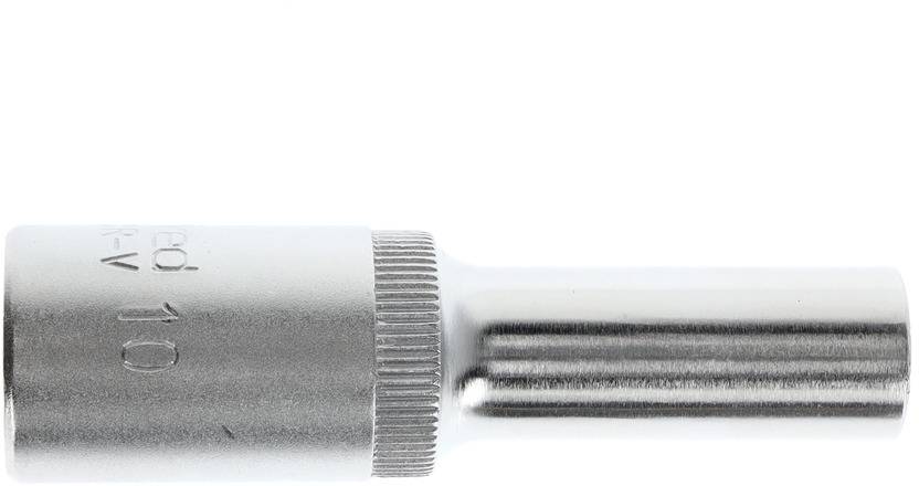 Embout de clé métallique, de forme cylindrique, avec bord strié et inscription gravée, adapté aux outils.