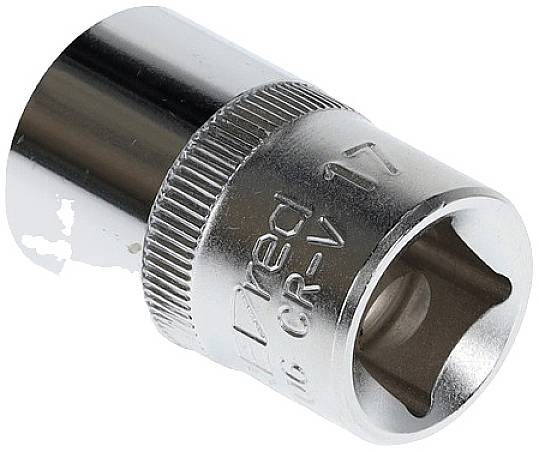 Un embout de clé à cliquet en argent, marqué 'CR-V 17', adapté aux travaux mécaniques ou artisanaux.