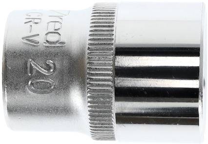 L'illustration montre un écrou à douille à emboîtement argenté gravé '20'. Il est en métal et possède un bord cannelé.