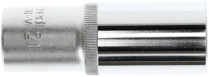Embout de clé à douille métallique, taille 21 mm, surface brillante, forme cylindrique.