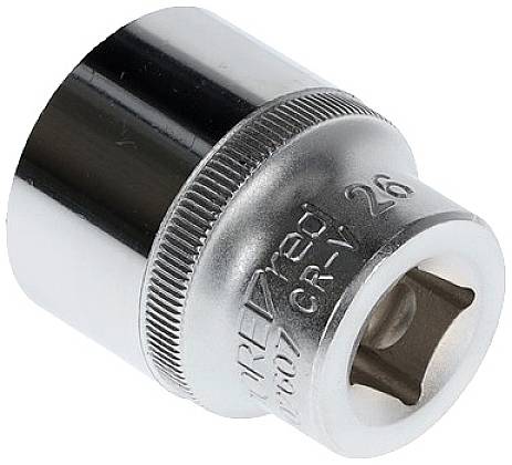 Embout de clé à douille métallique avec carré femelle encastré et bague striée, adapté aux travaux de vissage.