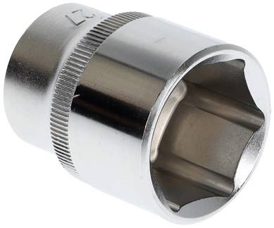 Douille métallique pour clé à douille, de forme cylindrique avec zone de préhension striée, forme intérieure hexagonale pour vis.