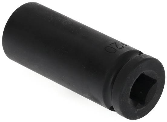 Un embout de clé à chocs noir, cylindrique, avec une ouverture carrée à une extrémité, sur un fond blanc.