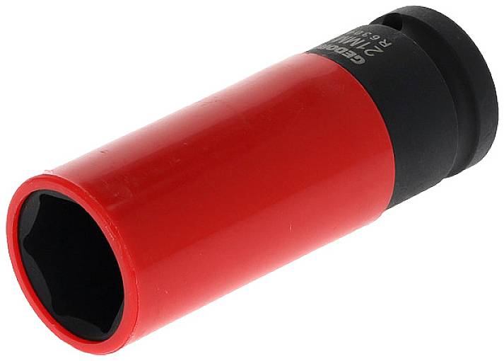 Un embout de clé à douille rouge avec un bout noir, utilisé comme outil pour desserrer ou serrer des connexions filetées.