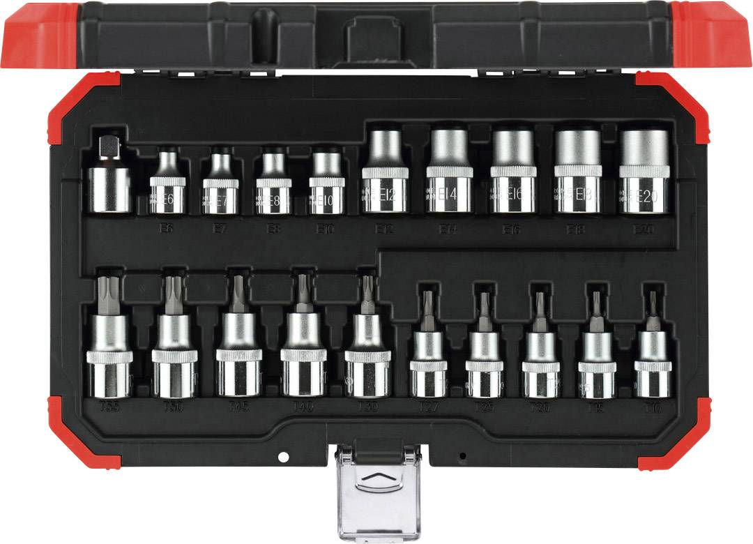 'Ensemble de broches de connexion et d'extensions de bits dans un boîtier en plastique noir avec un bord rouge, disposé en deux rangées.'