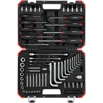 Une boîte à outils ouverte contenant divers tournevis, clés à douille, clés Allen et embouts, soigneusement rangés.