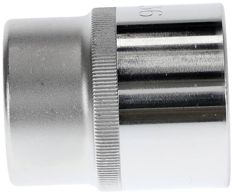 Un embout de clé à douille chromé, cylindrique avec une poignée striée. Utilisé pour serrer ou desserrer des écrous et des vis.