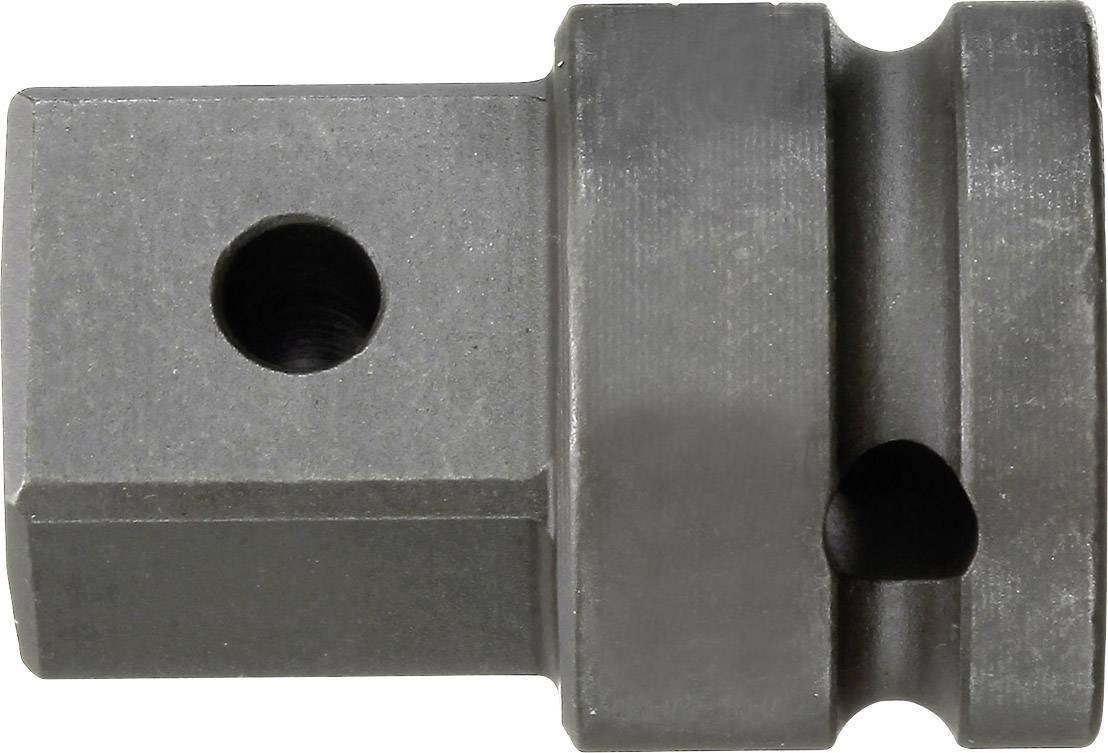 Pièce métallique avec section cylindrique et section carrée, présentant deux trous. Utilisation possible dans des machines ou comme adaptateur.