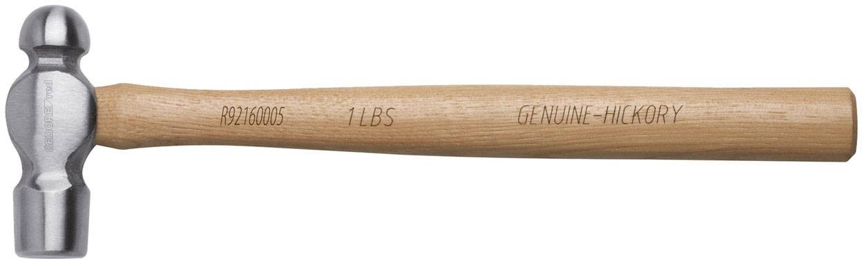 Un marteau à panne sphérique avec un manche en hickory, gravé 'GENUINE HICKORY 927160005 1 LBS'.