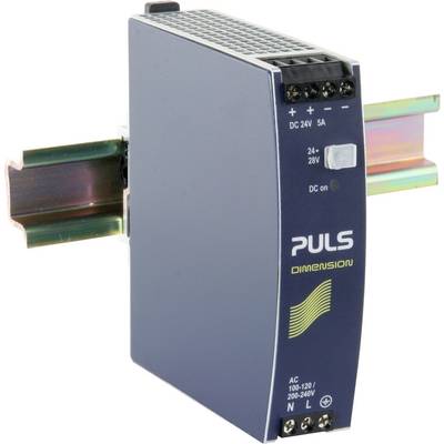 Unité d'alimentation électrique à façade bleue montée sur rail DIN, présentant des connexions pour DC 24V, 5A, et AC 100-240V.