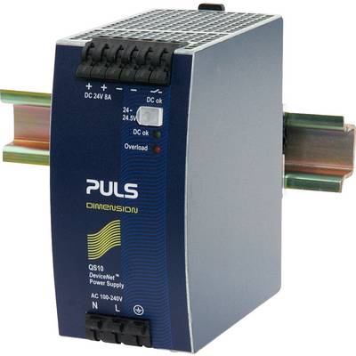 Un bloc d'alimentation à découpage de la marque Puls, modèle QS10, monté sur un rail DIN. Adapté pour une plage de tension d'entrée de 100-240V AC.