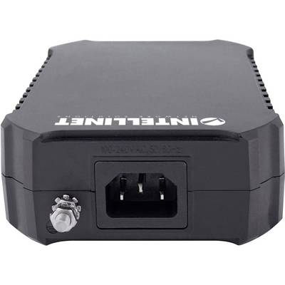 Appareil réseau noir avec logo 'INTELLINET'. Vue de face montrant un port principal de connexion et un connecteur à vis pour l'alimentation électrique.