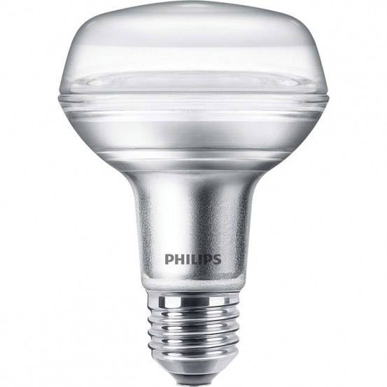 Une ampoule LED économe en énergie de Philips avec un socle argenté et un verre transparent, idéale pour un éclairage efficace.