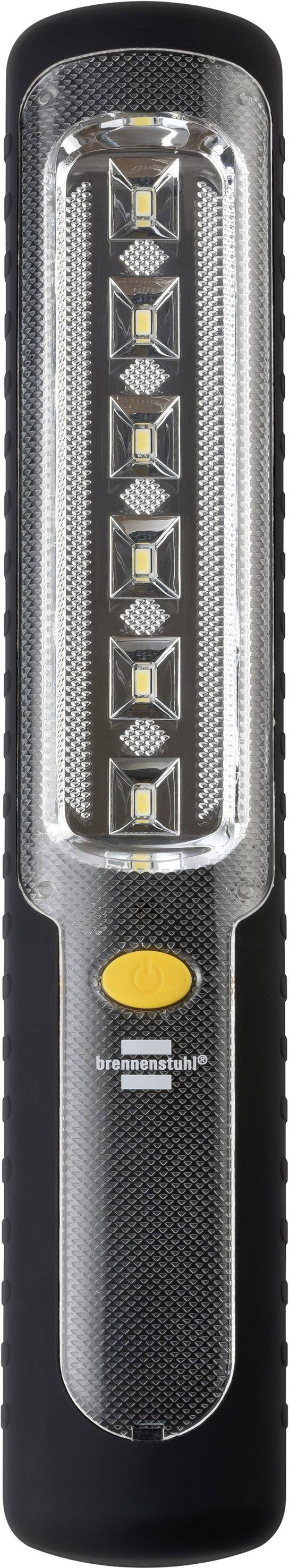 Une lampe de poche noire avec sept lampes LED et un bouton orange sur l'avant.