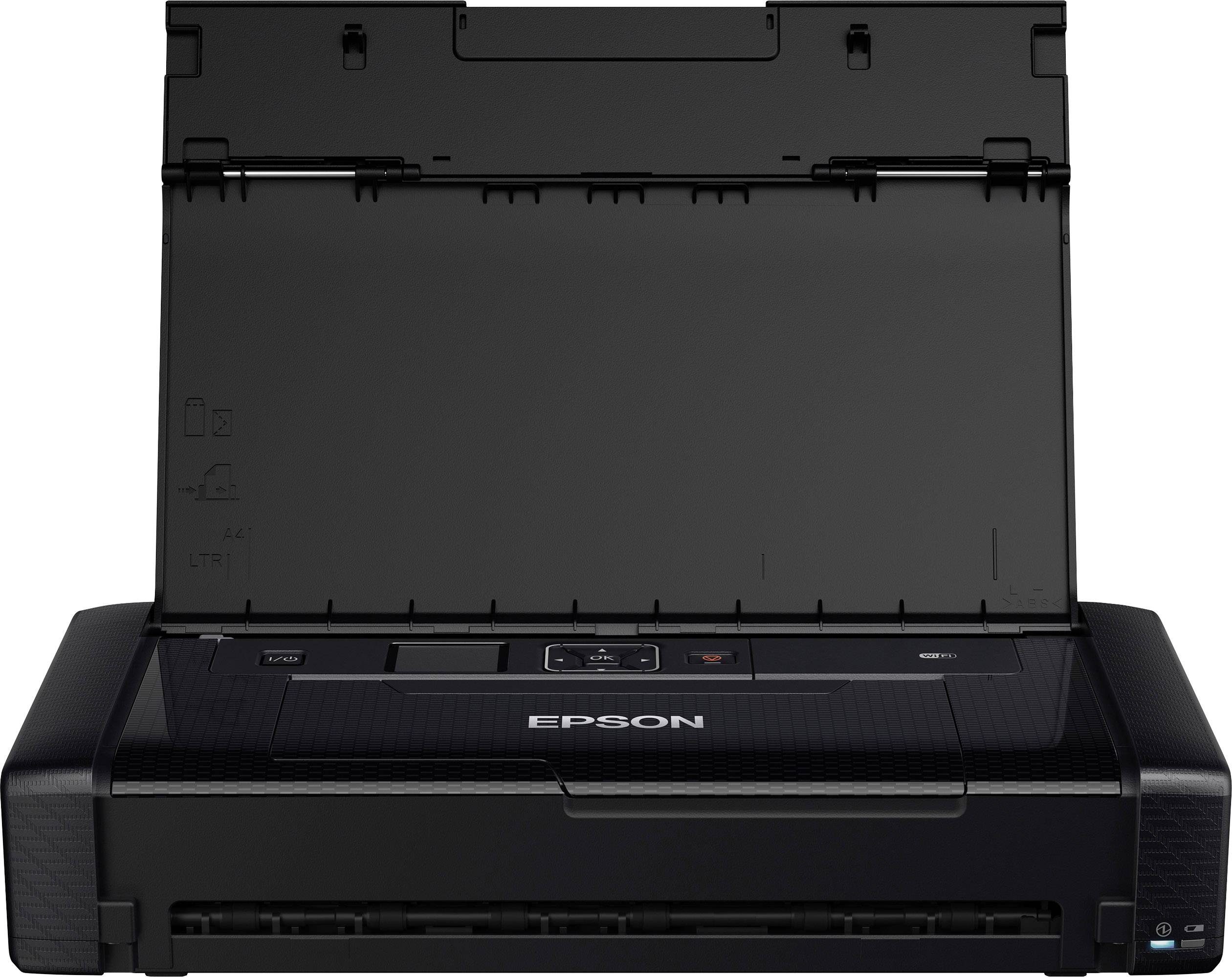 Une imprimante jet d'encre noir avec le couvercle ouvert, le nom de la marque visible sur l'avant. Adaptée pour l'impression compacte.