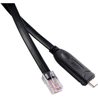 Un câble noir avec une connexion USB et une prise Ethernet illustre la connexion de réseaux informatiques ou d'appareils électroniques.