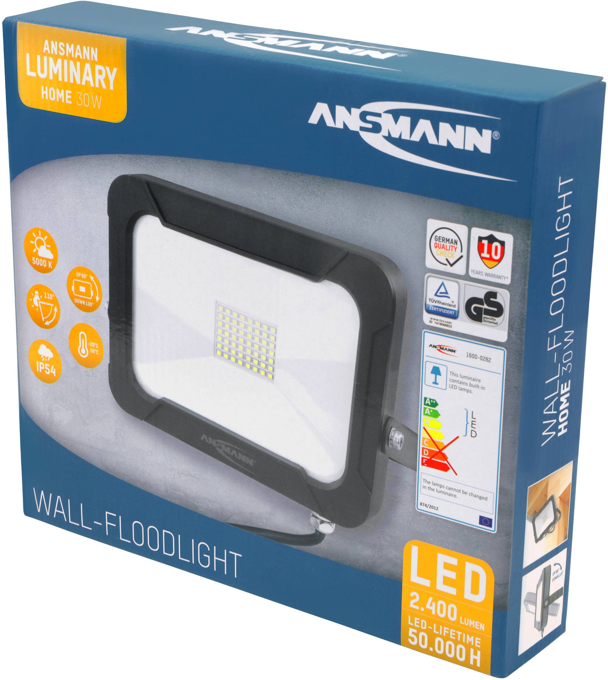 Applique murale LED Ansmann de 30W, 2.400 lumens, durée de vie de 50.000 heures, protection IP54 et garantie de 10 ans.