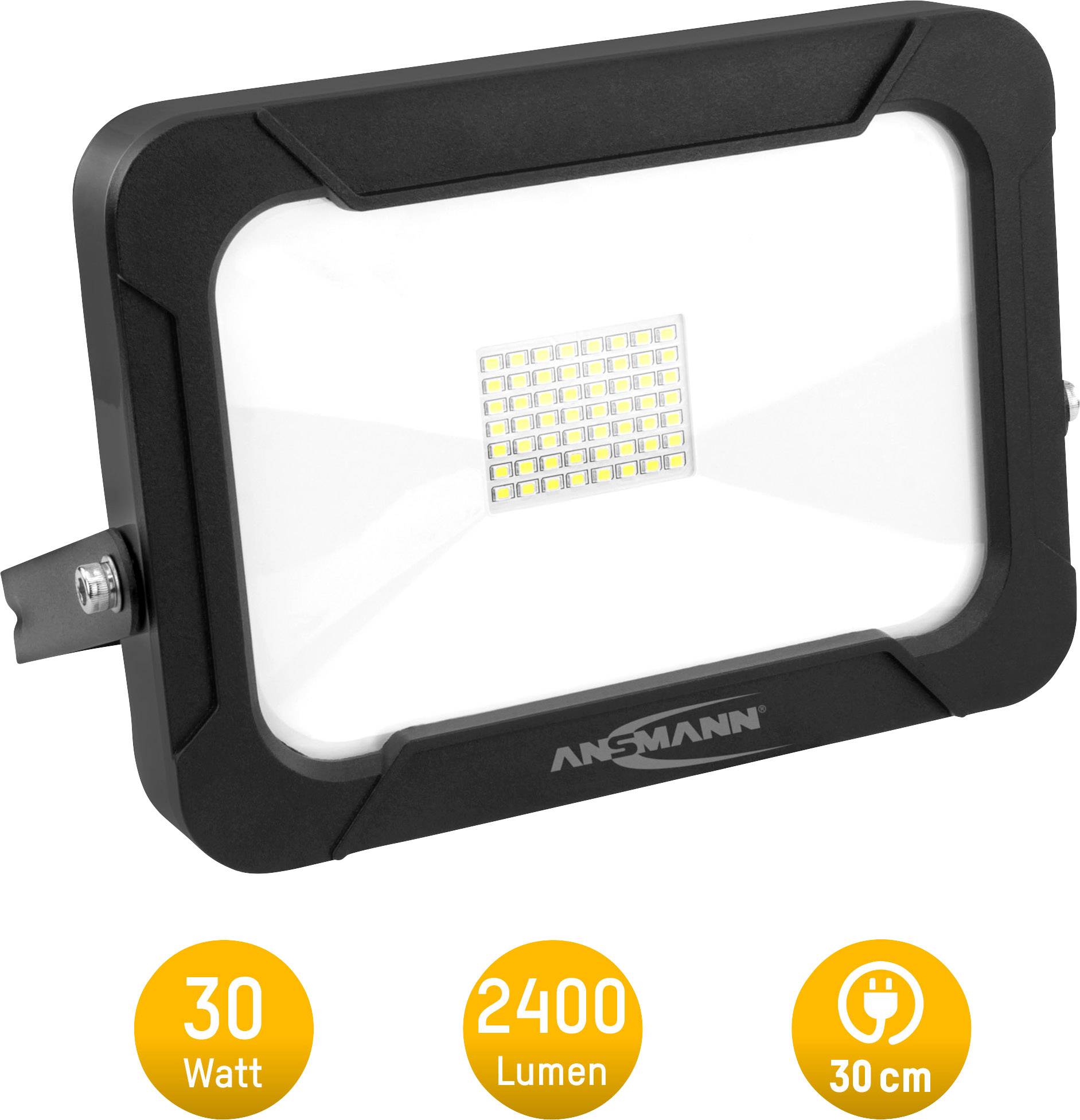 Projecteur LED d'éclairage large de 30 watts, luminosité de 2400 lumens, adapté pour une distance de 30 cm. Boîtier noir, lumière jaune.