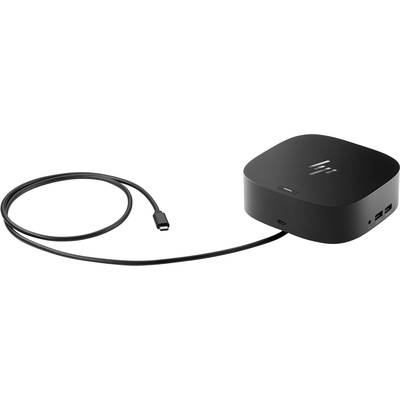 Un appareil électronique noir avec le logo d'une marque sur le dessus. Il est équipé d'un câble USB-C connecté.