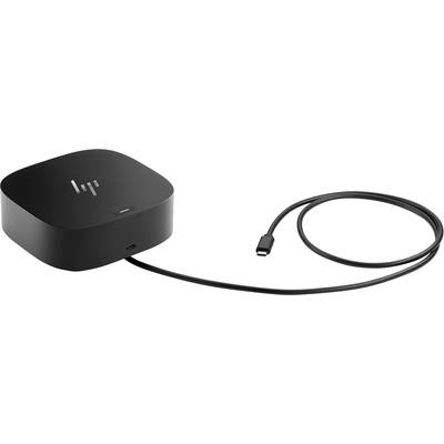Un périphérique de station d'accueil noir avec un câble USB-C branché, le logo HP est visible en haut de l'appareil.