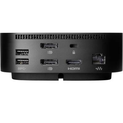 'Arrière d'un appareil informatique noir avec des ports : deux ports USB, deux DisplayPorts, HDMI, Ethernet et un verrou Kensington.'