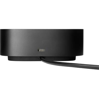 Appareil électronique noir avec port USB-C et un câble branché, sur un fond blanc.