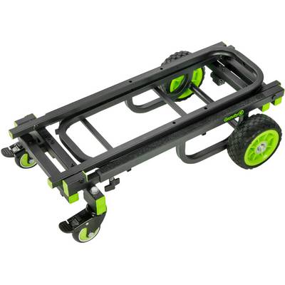 Chariot de transport avec châssis noir et roues vertes, adapté au transport flexible de charges dans un entrepôt ou un atelier.